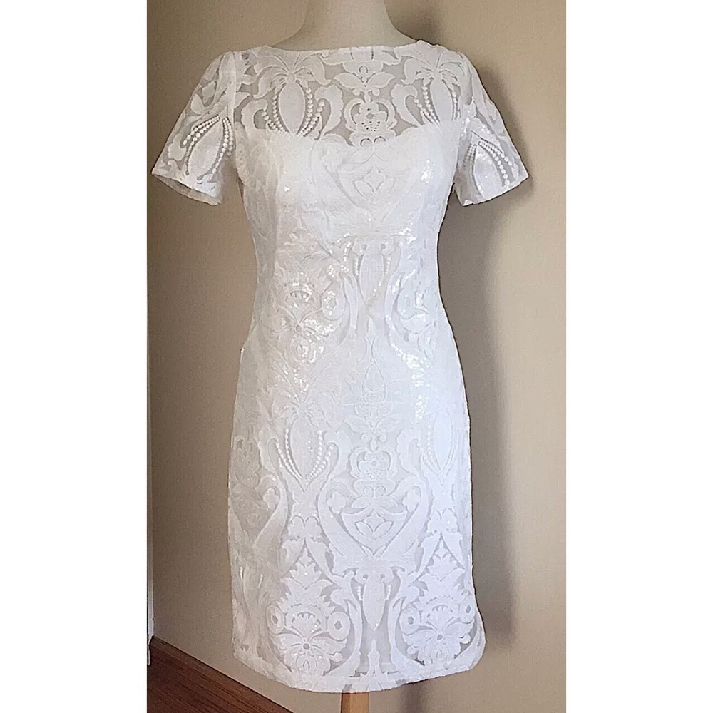 SUE WONG 10 White Embroidered Lace Beaded embellished dress